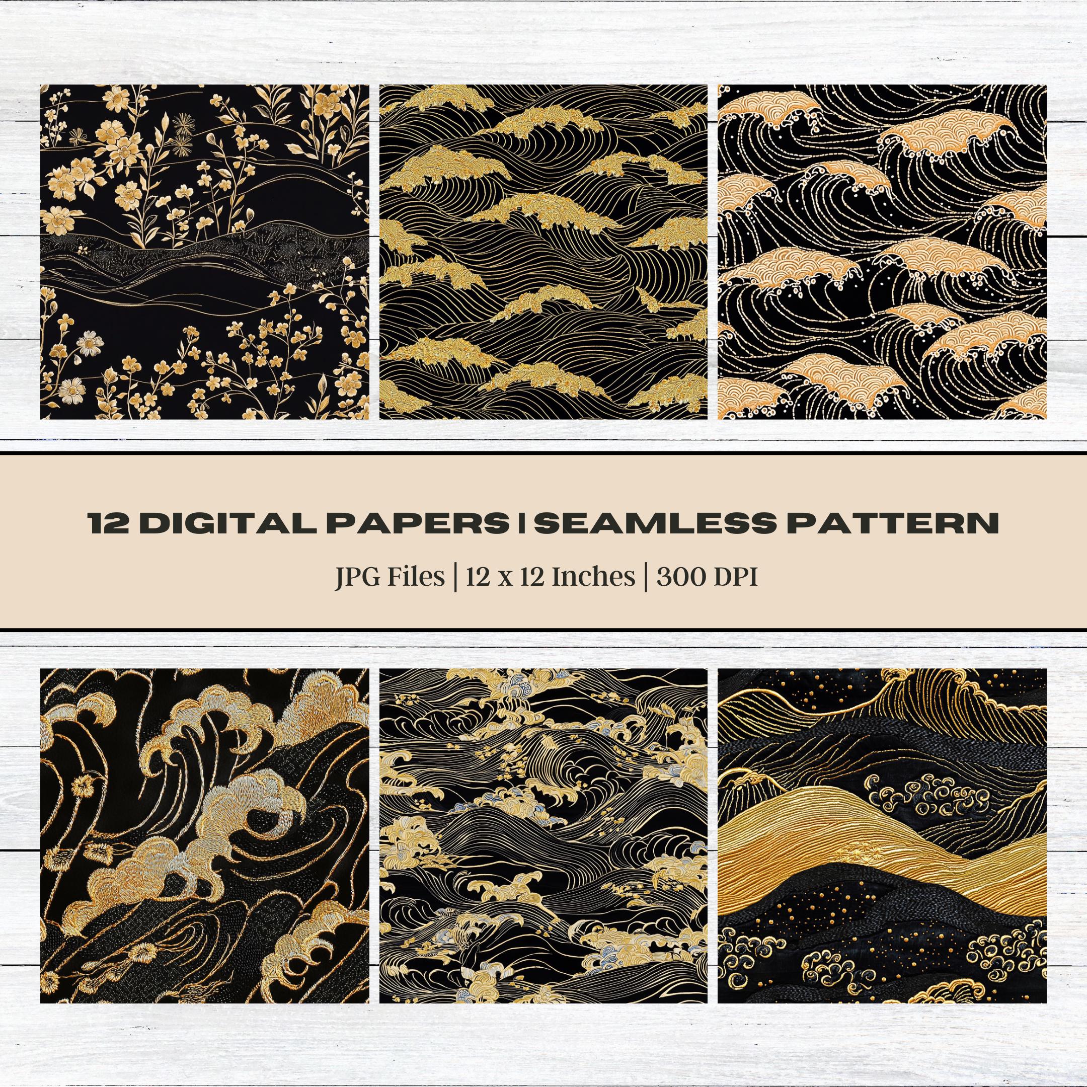 Japanese Kimono Wave Digital Paper, Embroidered Fabric (digital 