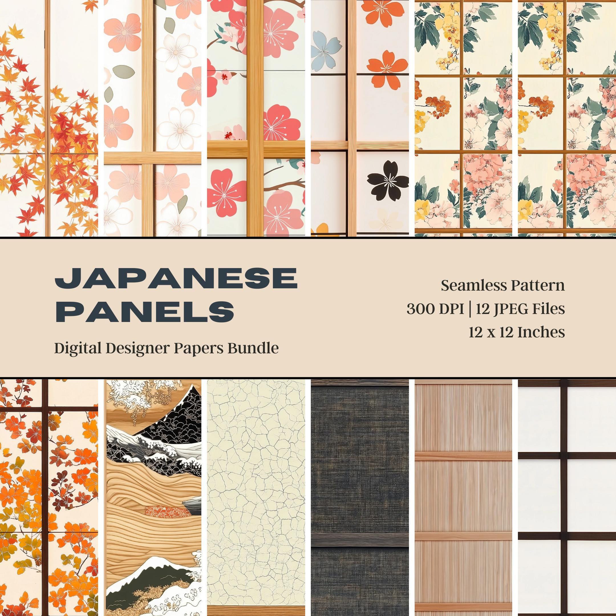 「PAPER IN DESIGN」 12 Japanese Paper Panels Digital Paper, Zen Garden, Japanese