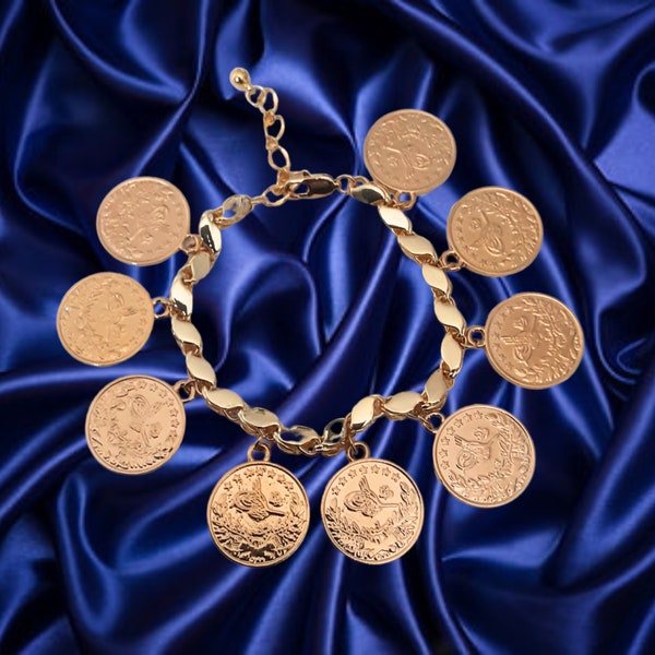 Vintage Coin Charm Bracelet, lira Bracelet, 18k Gold Plated Bracelet, Turkish Coin Jewelry Bracelet, Arab/Middle East Jewelry. Eid Gift 19cm