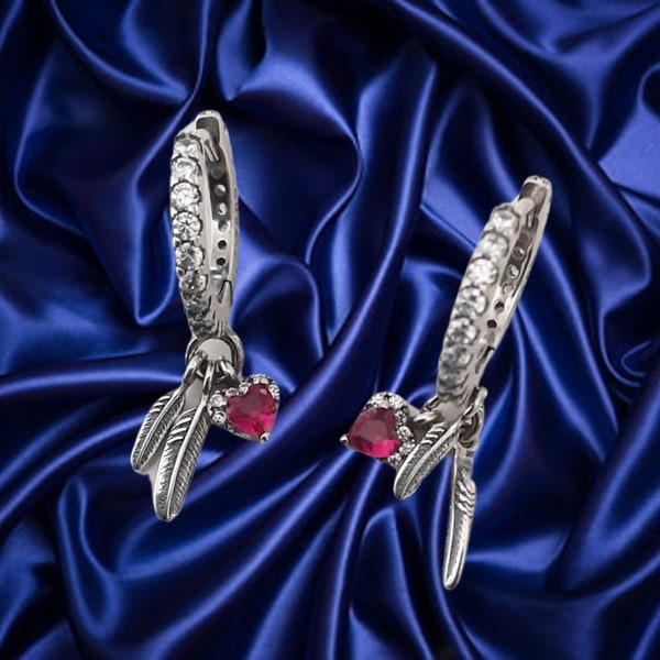 Pink Hearts & Feathers Drop Hoop Earrings S925 Sterling Silver Womens Jewellery Gift