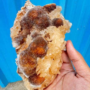 May include: A natural mineral specimen featuring a cluster of light yellow crystals with areas of brown, fuzzy formations. The rough, irregular shape of the stone is held in a hand against a blue background.