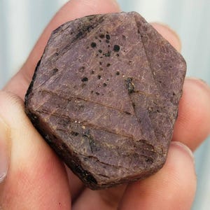 Può includere: Una gemma di rubino grezza e sfaccettata, con una tonalità rosso-viola intenso. La pietra naturale ha una superficie strutturata con inclusioni scure e strutture cristalline visibili. Il rubino è tenuto in una mano.