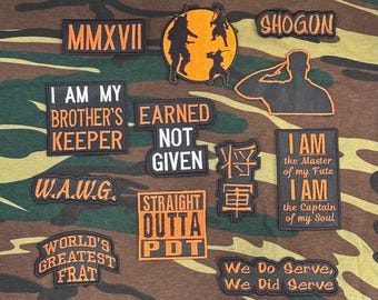 Embroidered Military Fraternity Patch: Iron-On/Sew-On, Copper & Black Designs