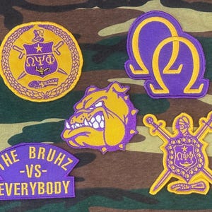 Omega Purple and Gold Fraternity Embroidered Iron-On Or Sew-On Patch 5 Piece Set