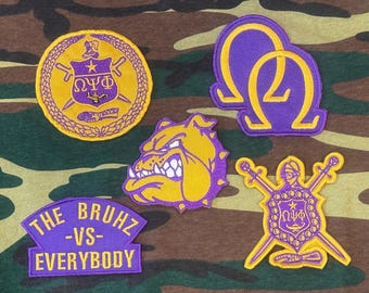 Omega Purple and Gold Fraternity Embroidered Iron-On Or Sew-On Patch 5 Piece Set
