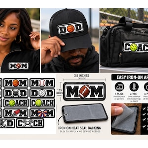 May include: A collection of rectangular iron-on patches featuring sports-themed designs with words like MOM, DAD, and COACH. The patches measure 3.5 inches wide by 1.25 inches high and include a heat-seal backing for application to hats and bags.