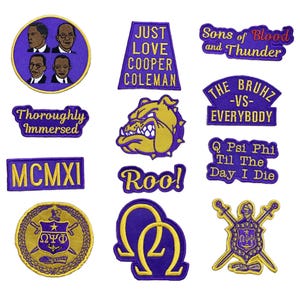 May include: A selection of embroidered patches in diverse shapes and designs. The patches display text such as "JUST LOVE COOPER COLEMAN" and "THE BRUHZ -VS- EVERYBODY", alongside images of a bulldog and portraits. The colour scheme includes purple, gold, and white.