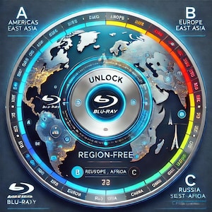 Op de afbeelding: Een cirkelvormig Blu-ray-schijf ontwerp met een wereldkaart, gelabeld met "Region-Free" en "Unlock". Het ontwerp heeft een blauw en zilver kleurenschema met tekst die regio's aangeeft zoals "Americas", "Europe" en "Russia". Het Blu-ray-logo is prominent aanwezig.