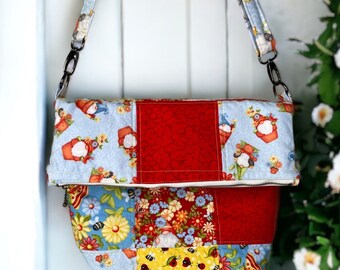 Quilted Foldover Crossbody Purse with Gnomes and Ladybugs (P26)