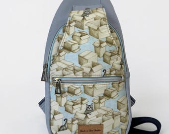 Grey Tabby Cat Sling Bag, Kitty Playing in Boxes Crossbody Bag