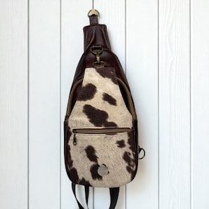 Rustic Faux Cowhide Leather Sling Bag – Handmade Crossbody Bag