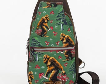 Bigfoot Picking Mushrooms Sling Bag Crossbody Retro Style