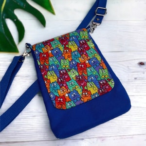 Borsa a tracolla Cat Phone Sling con scomparti per carte di credito, borsa a tracolla compatta Picture Day con gatti colorati sorridenti (FB4)