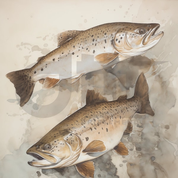 Pair of Brown Trout painting - fishing artwork - fly fishing - fish - digital - download - fly fishing art - home decor - watercolor