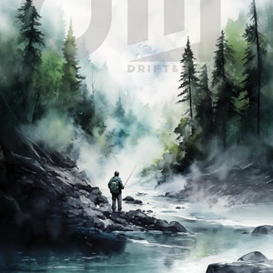 Fisherman on Rocky Riverbank - artwork - landscape - digital - download - fly fishing art - decor - nature - mountains - cabin - watercolor