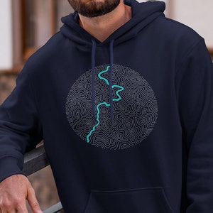 リバー パーカー - 地形図 - フィッシング パーカー - フライ フィッシング ギア - 地図作成 - マップ パーカー - 漁師用アパレル - メンズ スウェットシャツ