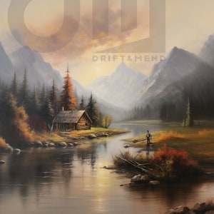 Mountain River Cabin painting - artwork - landscape - digital - download - fishing art - fly fishing art - decor - nature - mountains - hike