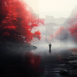 Fisherman in Autumn - artwork - landscape - digital - download - fly fishing art - decor - nature - pencil - mountains - cabin - photograph