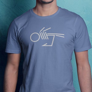 May include: A light blue t-shirt with a white graphic of a stylized bird design.