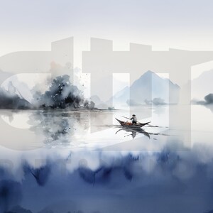 Man in Fishing Boat - artwork - landscape - digital - download - fly fishing art - decor - nature - pencil - mountains - cabin - watercolor