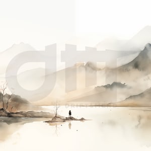 Misty Mountain River watercolor painting - artwork - landscape - digital - download - fly fishing art - decor - nature - boating - mountains
