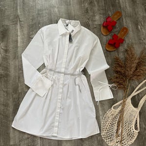 White Organic Cotton Shirt Dress With Detachable Chain Size S/M,Long Sleeve Dress, Collared Cuffed Dress, Button Down Dress, 100% cotton