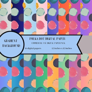 Op de afbeelding: 16 digitale papieren met een stippenpatroon in verschillende kleuren en verlopen. Elk papier is 12 inch bij 12 inch. De tekst "GRADIENT BACKGROUND" en "POLKA DOT DIGITAL PAPER" staat op de afbeelding.