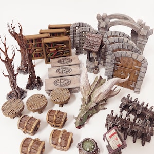 May include: A collection of miniature fantasy role-playing game (RPG) scenery and accessories. The set includes a dragon head, a well, a stone archway, a wooden door, a set of bookshelves, a set of barrels, a set of tables, a set of trees, a cauldron, a set of wooden planks, and a book.