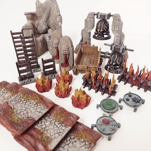 May include: A set of miniature dungeon and dragon game pieces, including a stone archway with a skull bell, a wooden cart, a stone wall, a ladder, a stone with a red liquid flowing from it, and several fire pieces.
