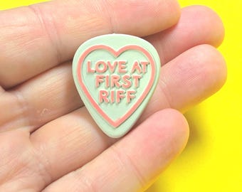 Handmade Love At First Riff Resin Pin Badge, Love Hearts Sweets Style 3D Printed painted varnished, musician guitarist anniversary gift luv
