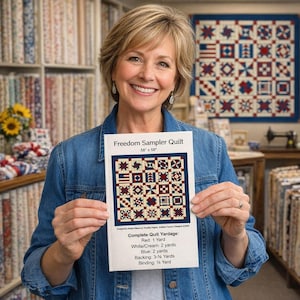 May include: A woman holds a printed pattern for a "Freedom Sampler Quilt" measuring 58 x 58 inches. The quilt design features red, white, and blue geometric shapes. The pattern details yardage requirements for red, white/cream, blue, backing, and binding.
