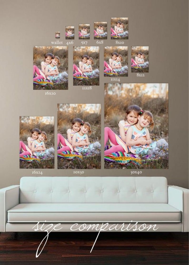 May include: Size comparison chart for photo prints showing different sizes of a photo of two young girls hugging on a blanket in a field. The sizes range from wallet size to 30x40 inches.
