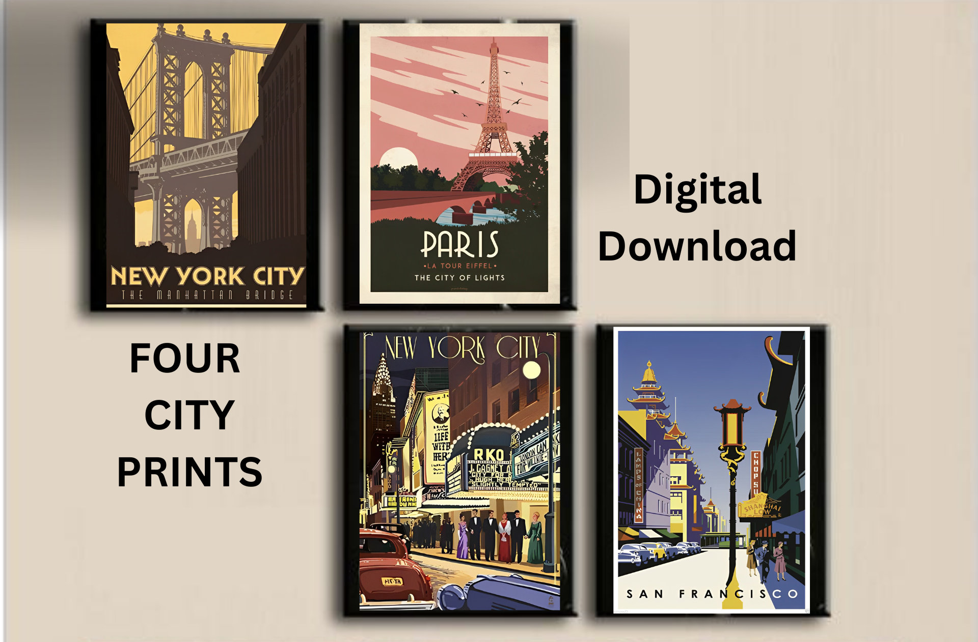 Art Deco posters - FOUR Art Deco Digital Downloads - Art Deco city prints - city posters - Vintage posters - city art - gifts for her -gifts