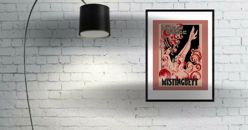 May include: A vintage poster advertising the Moulin Rouge featuring a woman in a black dress and a red hat, with the text "Moulin Rouge" and "Mistinguett" in black.