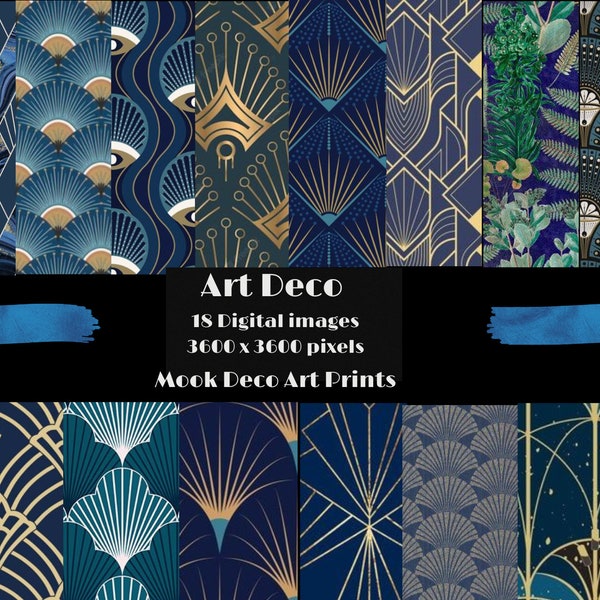 Inpakpapier - Art Deco Digitaal papier - Blauw patroon - Patronen uit de jaren 1920 - Patronen uit de jaren 30 - Instant download - geschenken - verjaardagsverpakking