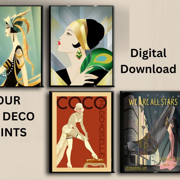 Art Deco posters - FOUR Art Deco Digital Downloads - Art Deco prints - 1920s posters - Vintage posters - wall art - gifts for her - gifts