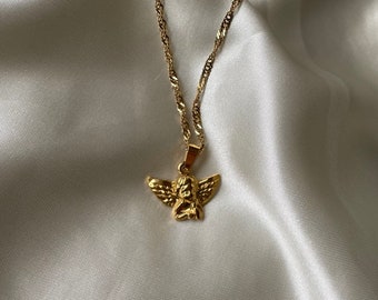 Gold guardian Angel wing pendant necklace minamalist baby Cupid cherub charm trendy angelic dainty cute jewellery layering gift for her