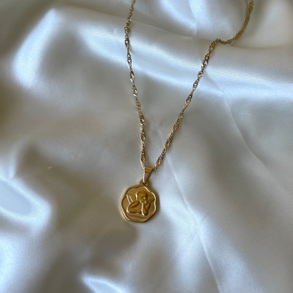 Gold guardian Angel wing coin pendant necklace minamalist baby Cupid cherub charm trendy angelic dainty cute jewellery layering gift for her