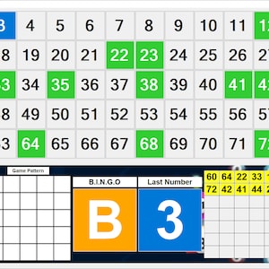 Op de afbeelding: Een bingospelbord met groene en oranje vakjes. De nummers 1 tot en met 75 worden op het bord weergegeven. Het laatste getrokken nummer is 3. Het spelpatroon wordt aan de linkerkant van het bord weergegeven.