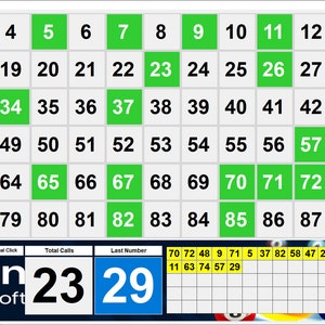 May include: A green bingo card with numbers 1 through 90. The numbers 5, 23, and 29 are highlighted in blue. The card is on a computer screen with a bingo game interface.