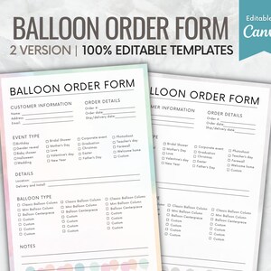 BALLOON ORDER FORM, Balloon Business Templates, Balloon Artist Contract Template, Balloon Garland Price Sheet, Balloon Business Card