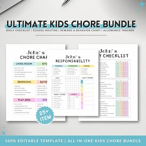 Editable Kids Chore Chart Bundle, Reward Allowance Behavior Consequence List, DIY School Routine, Daily Weekly Monthly Checklist Tasks Canva