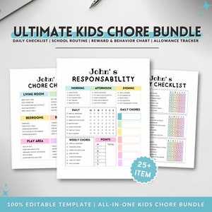 Editable Kids Chore Chart Bundle, Reward Allowance Behavior Consequence List, DIY School Routine, Daily Weekly Monthly Checklist Tasks Canva