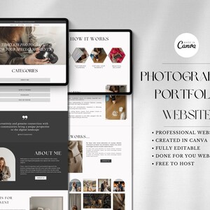 May include: A website mockup for a photographer's portfolio, featuring a black and white colour scheme with a modern design. The website is built with Canva and includes sections for about me, categories, benefits for your event, and how it works. The text on the website reads "Timeless Photography for your special moments", "Photographer Portfolio Website", "Professional Website", "Created in Canva", "Fully Editable", "Done for you website", "Free to Host", and "How it Works".