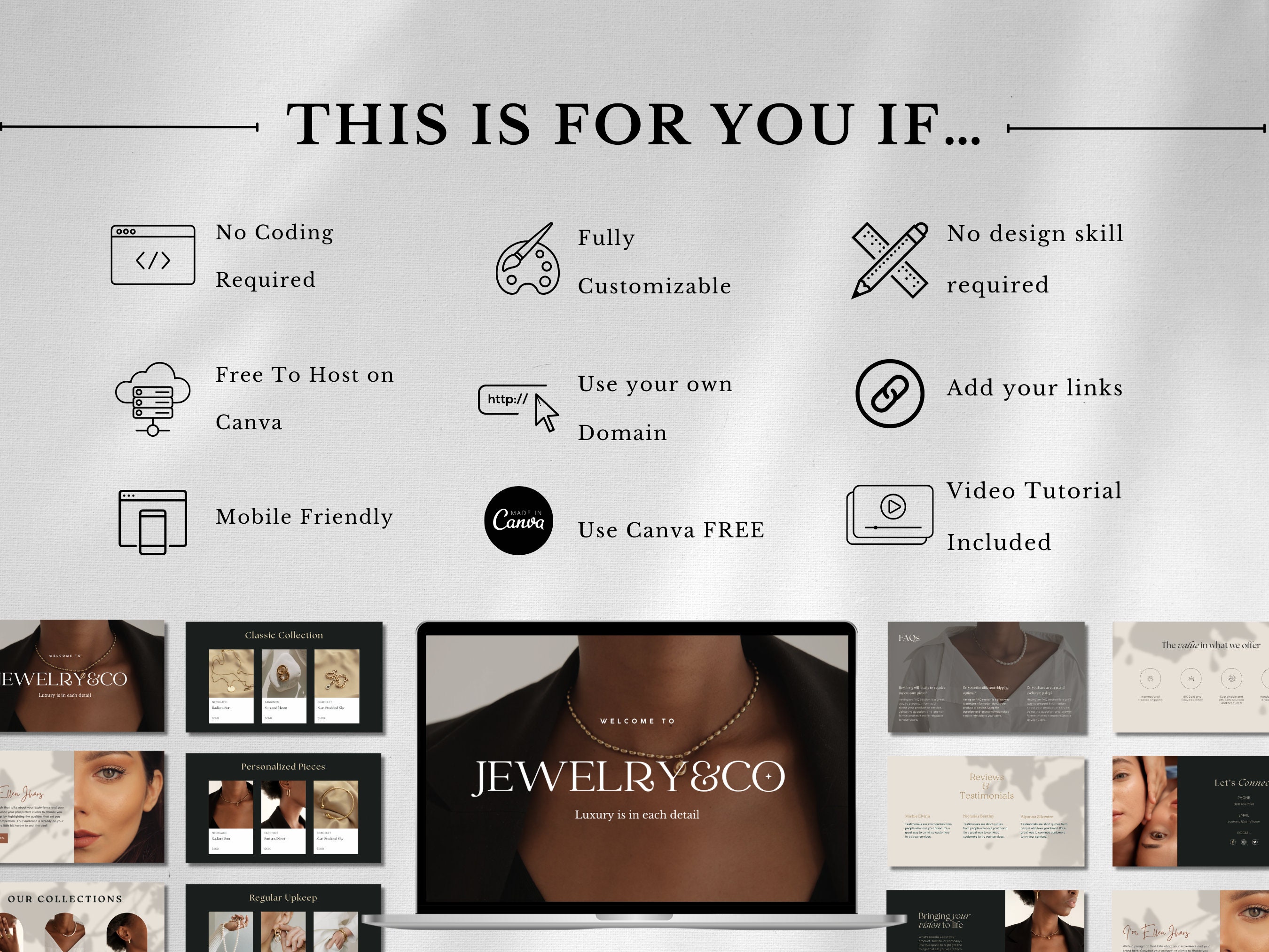 Jewelry Website Design Template, Canva Website Design, Canva Website ...
