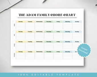 Family Chore Chart for EXCEL. Printable Editable Fillable. Weekly Chore ...
