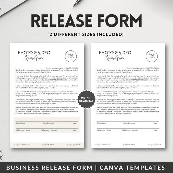 Photo and Video Release Form, Photography Consent Form, Skincare Forms, Esthetician Forms, Lash Technician Forms, Canva Printable Template