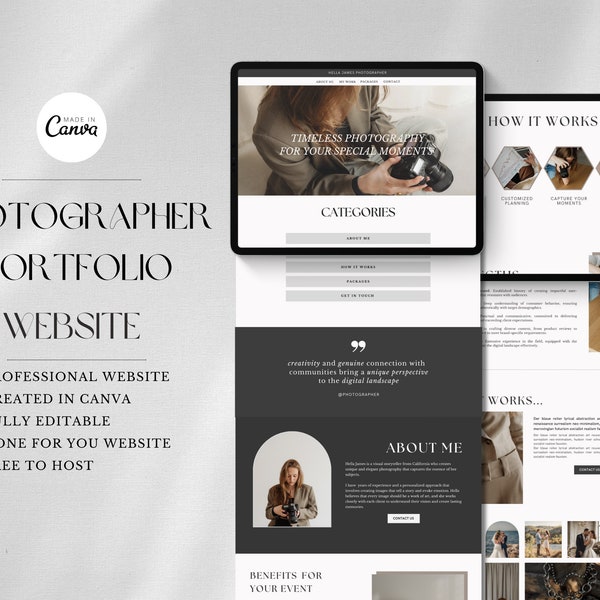 Website Template for Photographer, Canva Photography Web Site, Landing Page Template, Boho Photography Website, Photography One Page Website