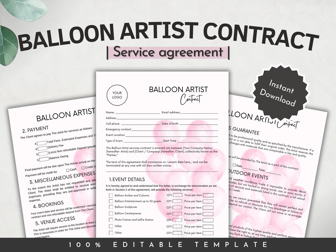 BALLOON ARTIST CONTRACT Template, Balloon Business Bundle, Balloon Business Templates Canva