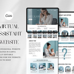Può includere: Un mockup di sito web per un'attività di assistente virtuale. Il sito web è progettato in uno stile moderno con uno schema di colori blu e bianco. Il sito web offre una varietà di servizi, tra cui la gestione dei social media, il marketing via email, il servizio clienti e le attività amministrative. Il sito web include anche una sezione per le domande frequenti e una call to action.